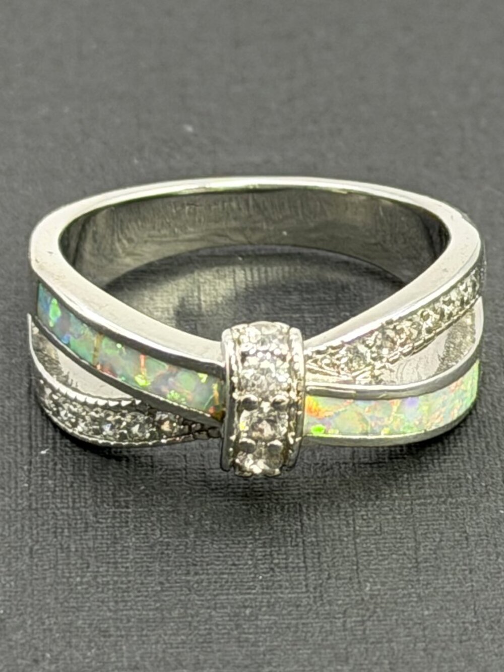 Crossover Ring Lab Created Opal Inlay Clear Rhinestone Silver Tone Size 9.5